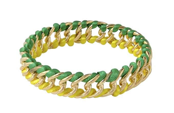Brazalete de Metal con Hilo Cola de Rata Entrelazado Verde Amarillo Dorado 77 mm