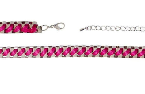 Brazalete de Metal con Hilo Cola de Rata Entrelazado Fuchsia Fosforescente Plateado 230 mm