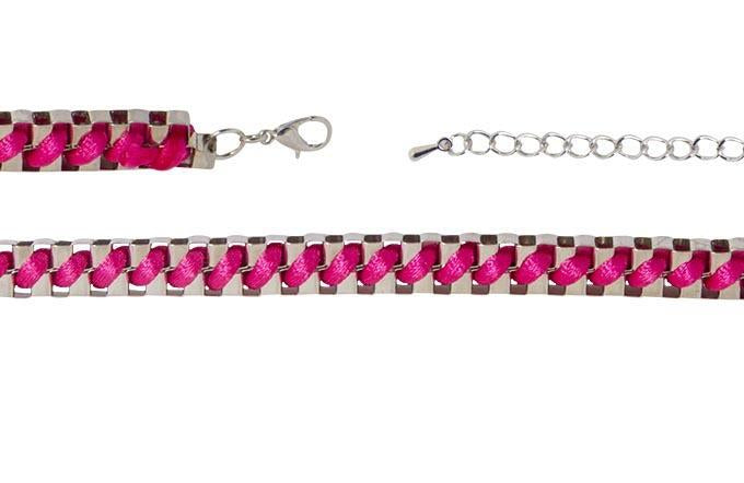 Brazalete de Metal con Hilo Cola de Rata Entrelazado Fuchsia Fosforescente Plateado 230 mm
