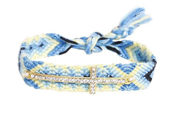 Brazalete Cordon Azul Multicolor Trenzada Cruz Dorado con Cristales 420 mm