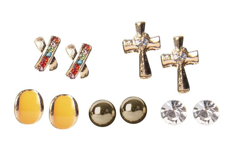 Set Aretes Metal Dorado Cruz Ovalo Esmaltado Naranja