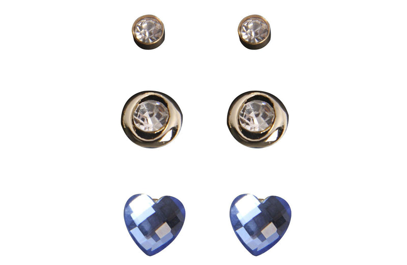 Set Aretes Metal Dorado Claro Corazon Cristal Facetado Azul